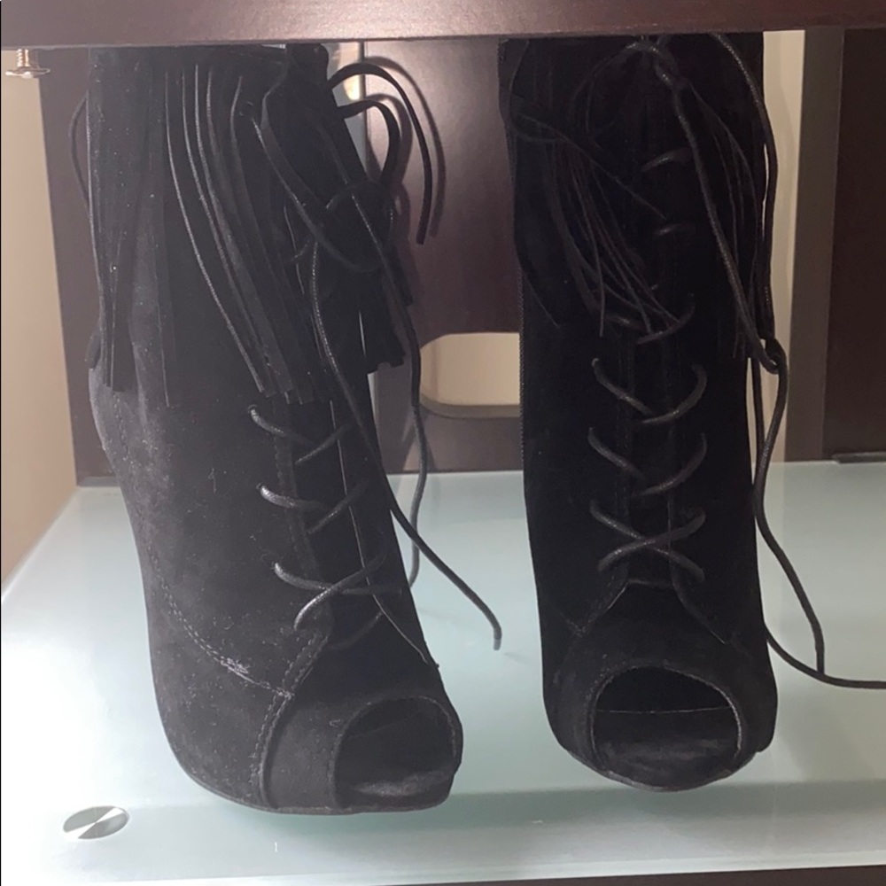 Liliana....peep toe black suede ankle heel boots